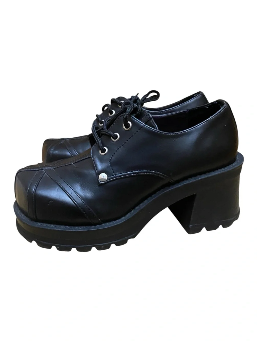 Demonia Womens Trump-101 Black Tall Loafer Shoes Stomp Goth Chunky